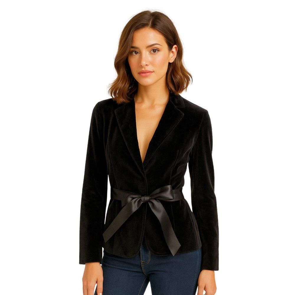 Vintage Y2K Gap Women's Black Velvet Ribbon Waist Tie Blazer Coat
